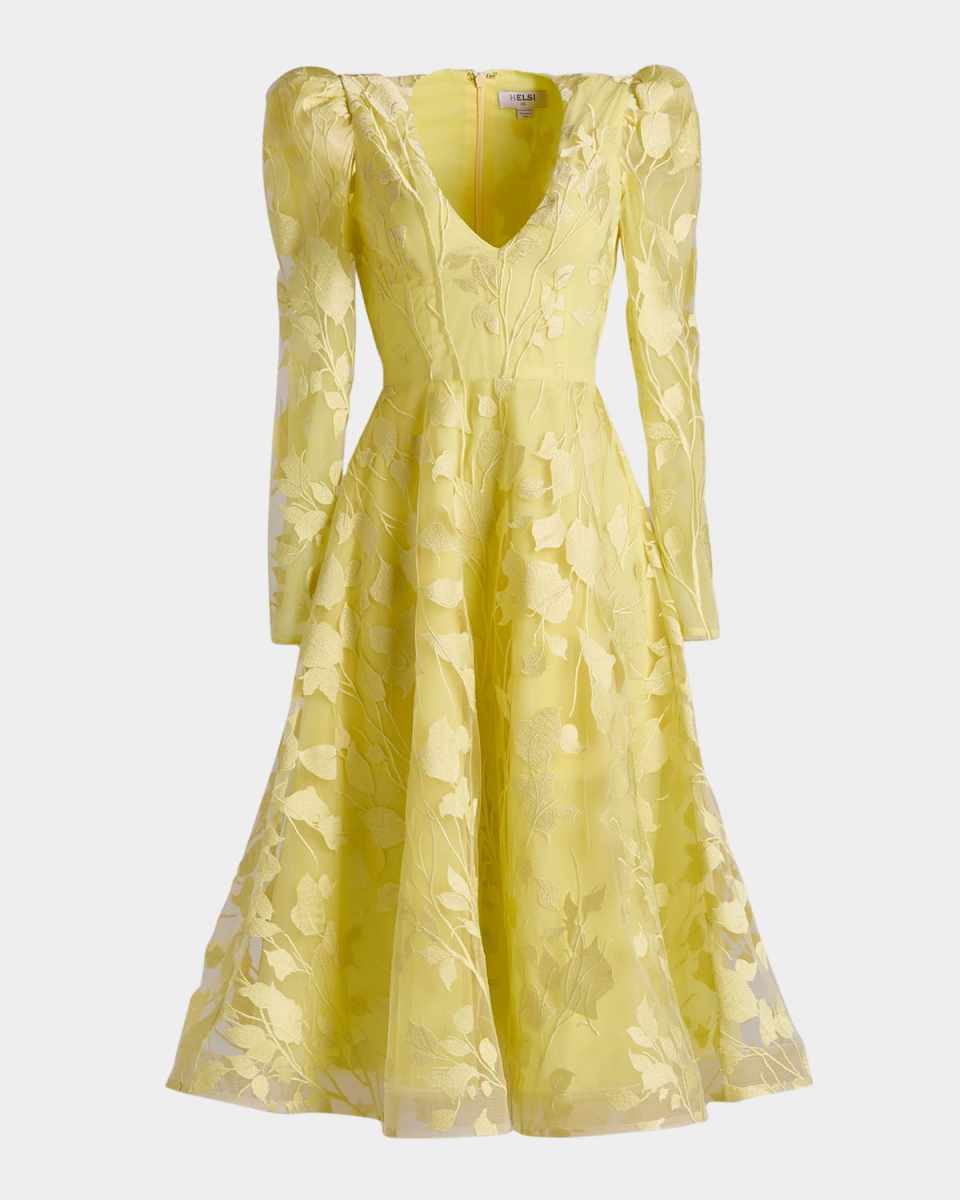 Exclusive Parker Embroidered Puff-Sleeve Midi Dress